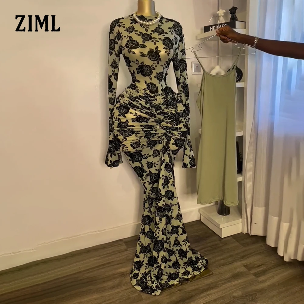

ZIML Hit Color Printing Spliced Folds Slimming Dresses for Women Round Neck Long Sleeve Minimalist Dress Female Fashion Style