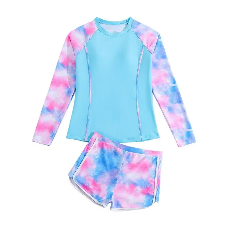 New Girl's Swimwear Teen Girl Trendy Tie-Dye Long Sleeve Two-Piece Swimsuit Adolescent Trendy Sun Protection Bathing Suit 13-16Y