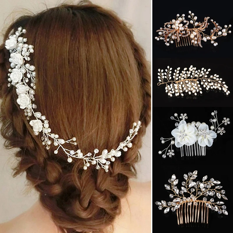 Diadema de diamantes de imitación para mujer y niña, accesorios para el cabello, flor, novia, boda, vid, perla, pieza nupcial, hoja, 1 unidad