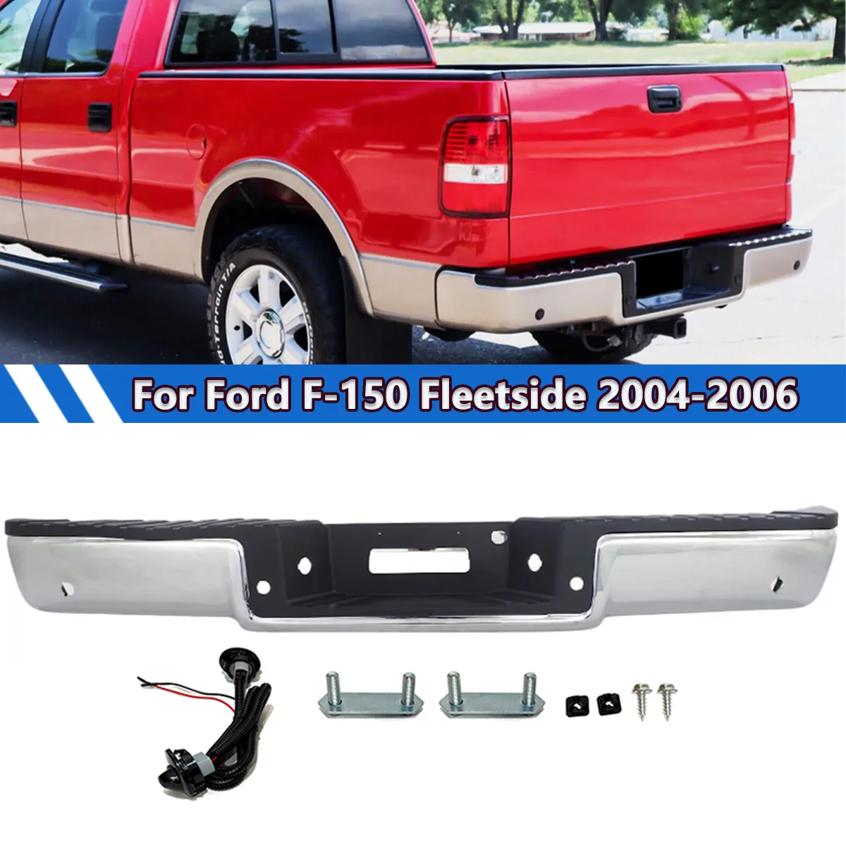 

FO1103119 Fits Ford F-150 F150 Flareside 2004 2005 2006 Chrome Rear Step Bumper Steel Truck Bumper with Sensor Holes Magickit