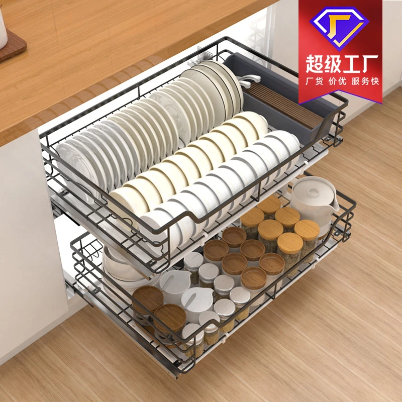 Damping Stainless Steel Cabinet Slide Rail Adjustable German Drawer Dish Rack, Stainless Steel Water Bowl Basket Rack