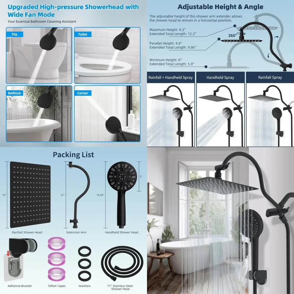 

10-Inch Rainfall Shower Head with Handheld, 12-Inch Curved Arm, 71-Inch Hose, Matte Black