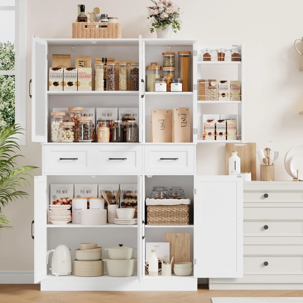 

Kitchen Pantry Cabinet, Tall Kitchen Storage Cabinet with Behind The Door Rack, 2 Drawers & Adjustable Shelf, Freestanding Cupbo