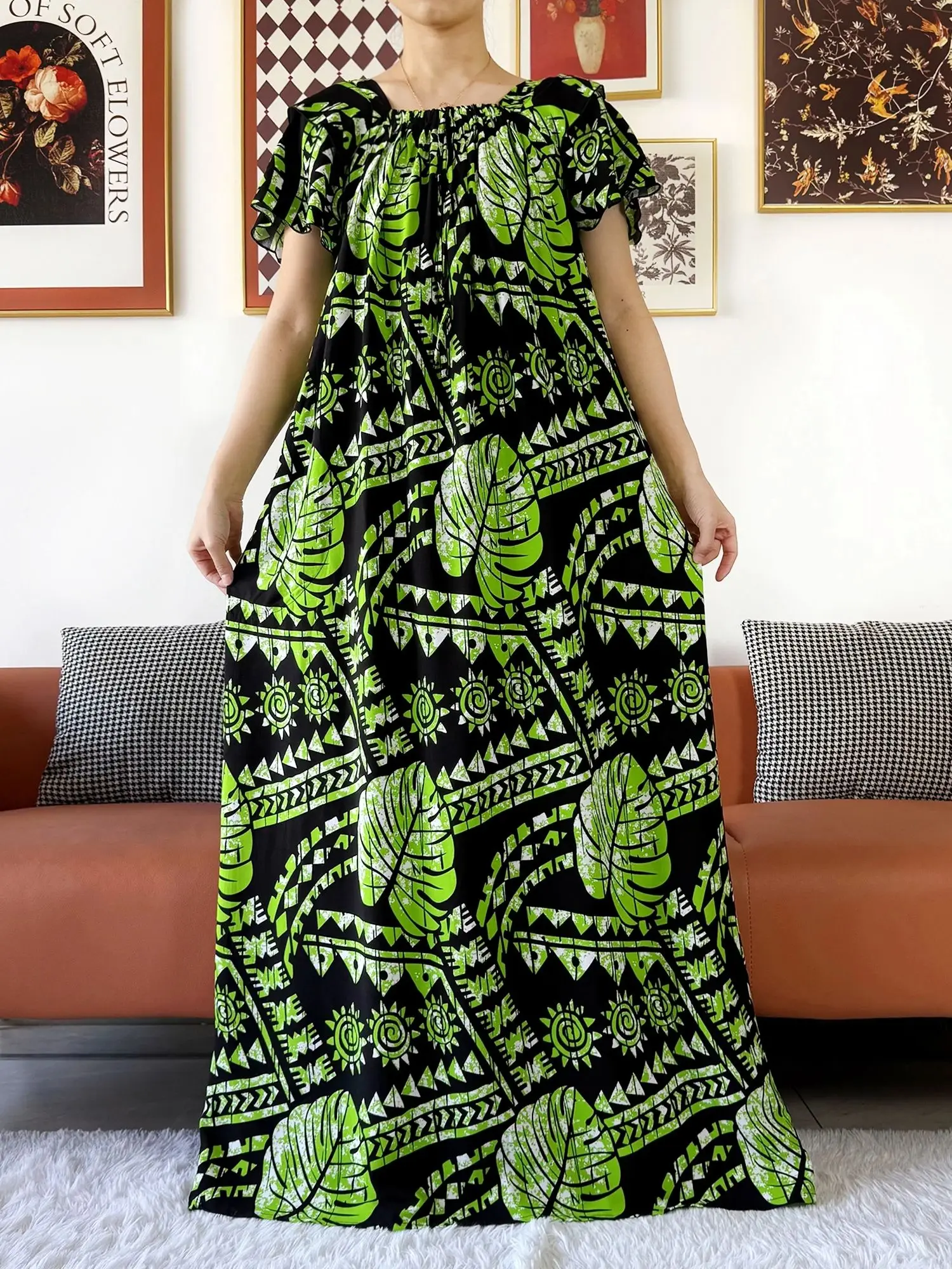 Newest African Lady Summer Short Sleeve Dress Boat-Neck Loose Floral Maxi Boubou Maxi Islam Women Dress African Abaya Clothes