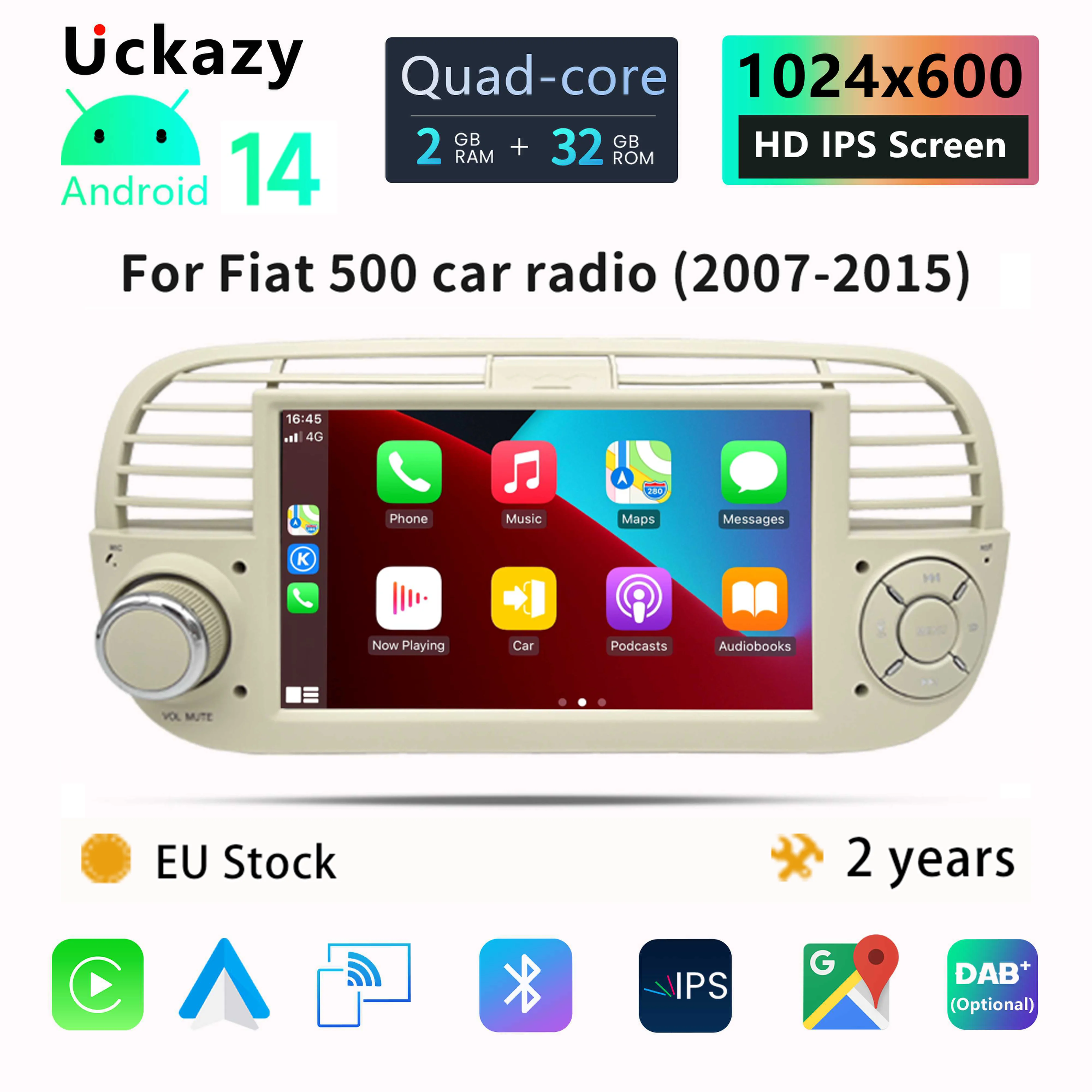 Wireless CarPlay per Apple Android 14 Auto Radio per FIAT 500 Abarth 2007 2008 2009-2015 Schermo Multimediale Stereo GPS 2din autoradio