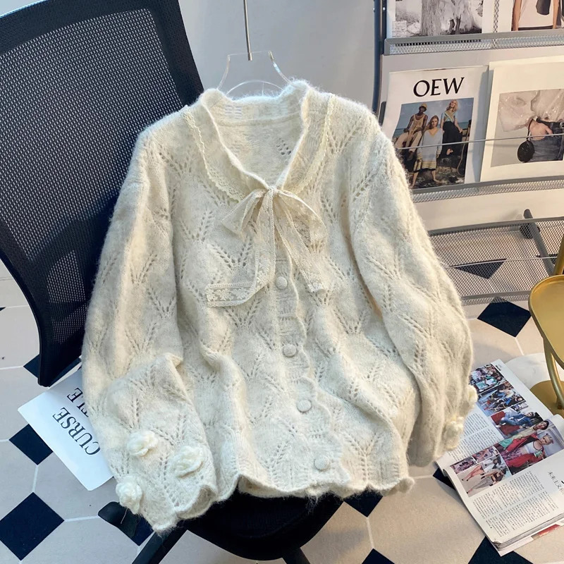 

Lace Flower Retro Sweater Cardigan Women's Autumn Spring Cut Hollow Out Jumpers Sweet and Anti-aging Knitted Top Jacket