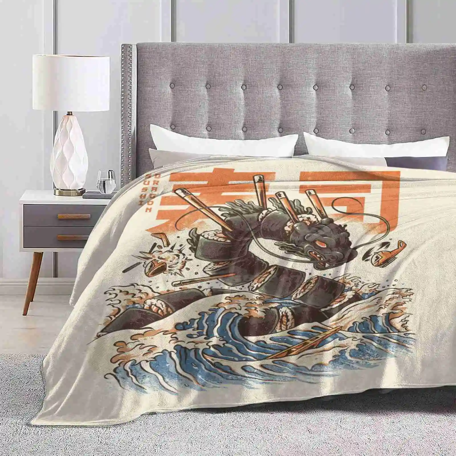 Great Sushi Dragon Latest Super Soft Warm Light Thin Blanket Monsters Great Wave Off Kanagawa Vintage Kaiju Onigiri Sushi