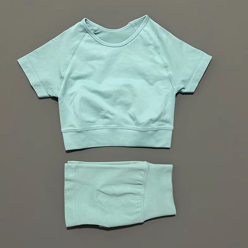 2 قطعة النساء تجريب مجموعات ضئيلة قصيرة الأكمام أعلى عالية الخصر طماق تشغيل تجريب الرياضة مجموعة الإناث اليوغا الرياضية