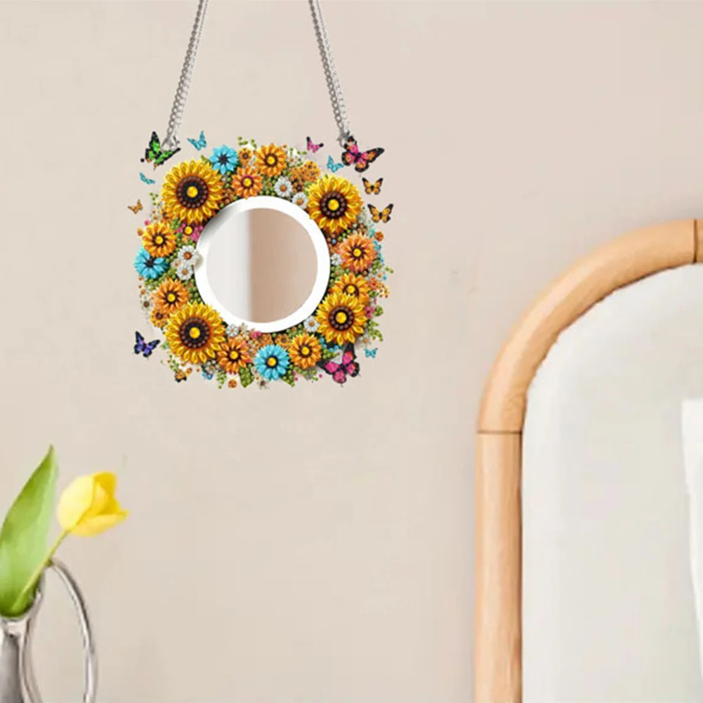 2D Flat DIY Sunflower Butterfly Hanging Mirror Diamond Art Kits Wall Door Decor view 3
