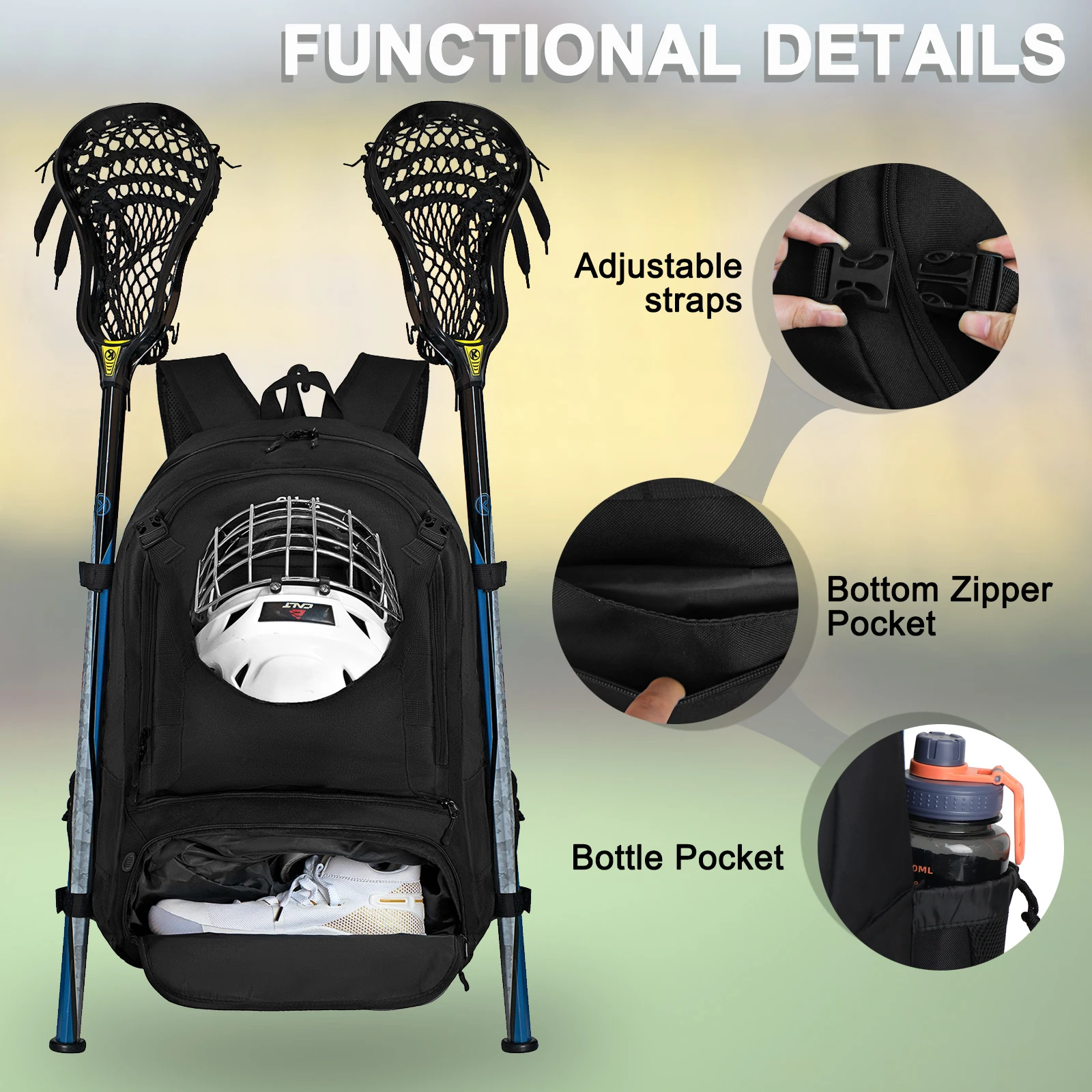 Large Lacrosse Equipment Backpack with Two Sticks holder and Separate Cleats Compartment Field Hockey Bag