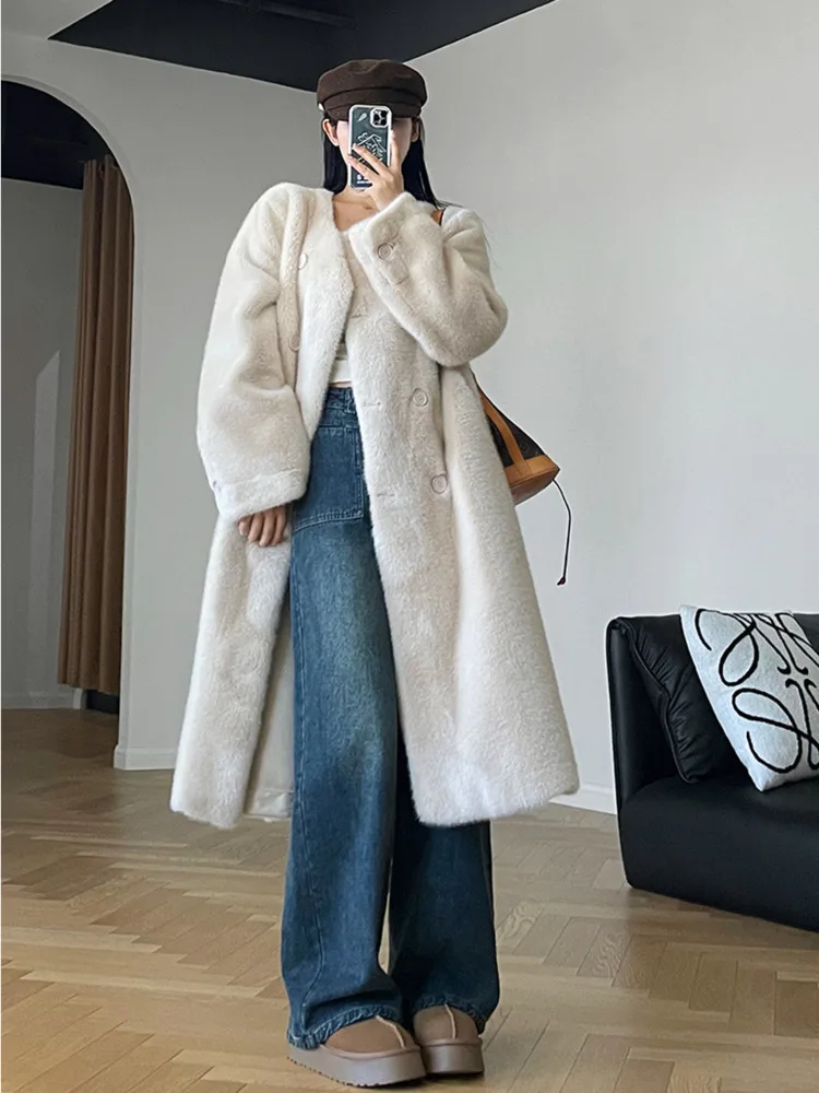 BZVW Korean Imitation Mink Fur Coat Women\'s O-neck Double Breasted Solid Color Mid Length Coats 2024 Autumn Winter New 25A8890