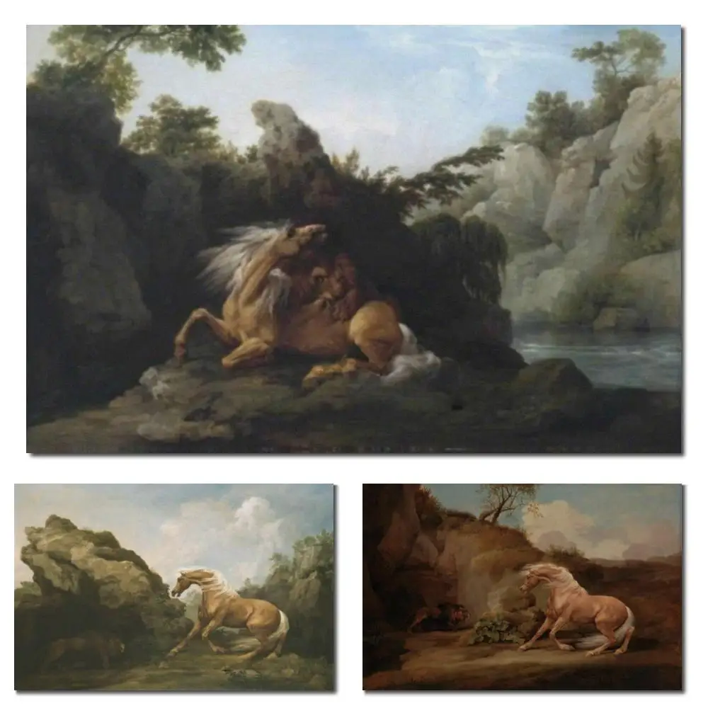 

Animal Horse Devoured Lion Romanticism Painting in Oils Canvas George Stubbs Hand Painted Masterpiece for Pub Display