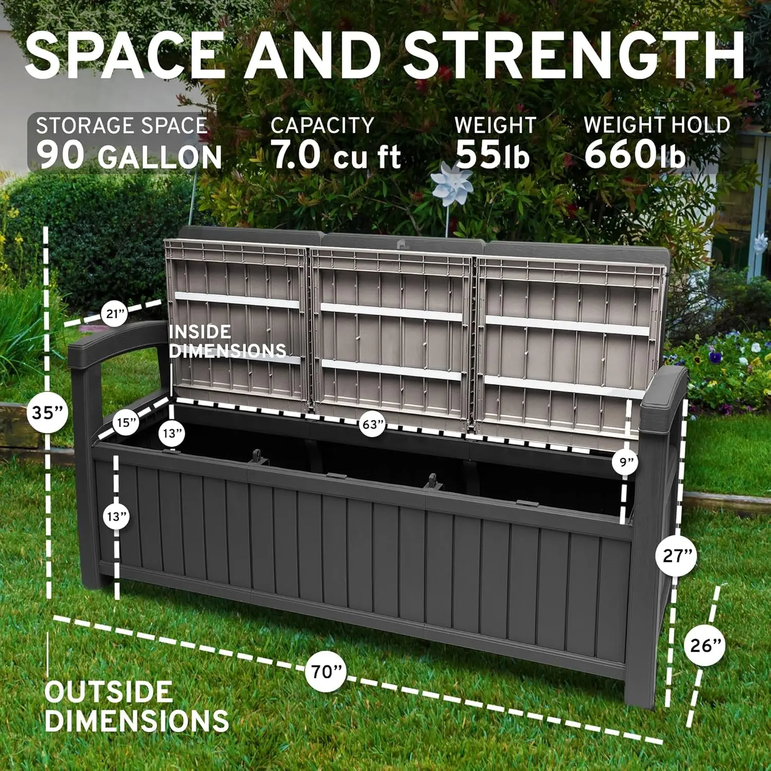 3 Seat Outdoor Storage Bench - 90 Gallon Capacity - Weatherproof Resin Bench for Patio Porch Garden Yard Pool Area