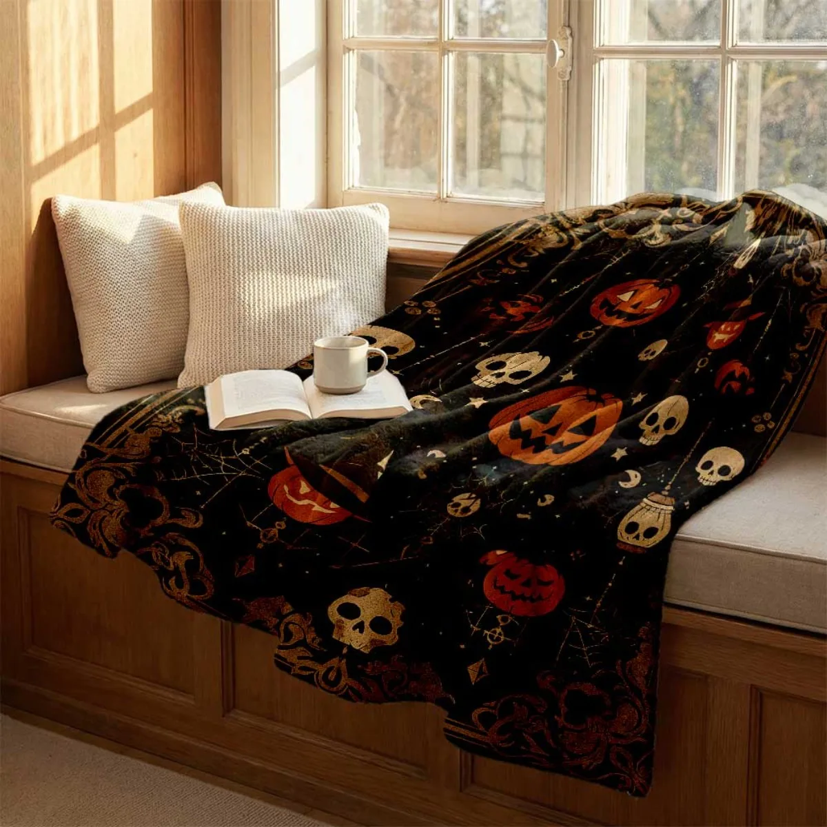 2026 New Vintage Halloween Cartoon Flannel Blanket, Pumpkin Skull Spider Web Pattern, Soft Warm Multi-purpose Throw for Sofa Bed