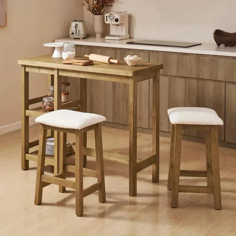 QAZ8-Kelly Contador de madera maciza, 2 taburetes Boucle, juego de 3 piezas 2. Mesa de isla pequeña con estantes de almacenamiento. Para sala de estar. Comedor
