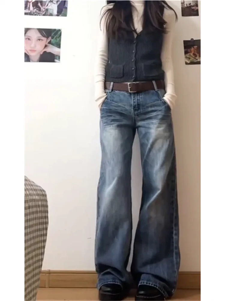 

American Retro Low Waist Bell Bottom Jeans Women Loose Slimming Extended Long Hot Girl Wide Leg Floor Length Pants