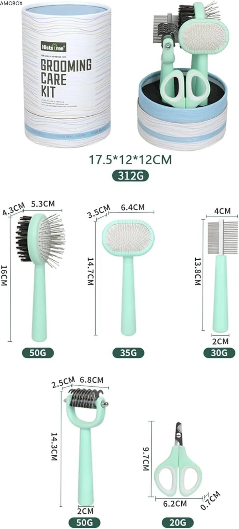 AMOBOX-Cat Brush and Comb Set, Nail Clippers, Dog Small Open Knot Massage, Cleaning Flea Comb, Green, Pink, Blue, 1 Set