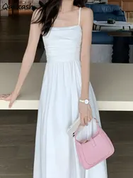 White Dresses Women Spaghetti Strap Tender French Style Midi Temperament Summer Vacation Elegant Vintage Folds Design Fashion