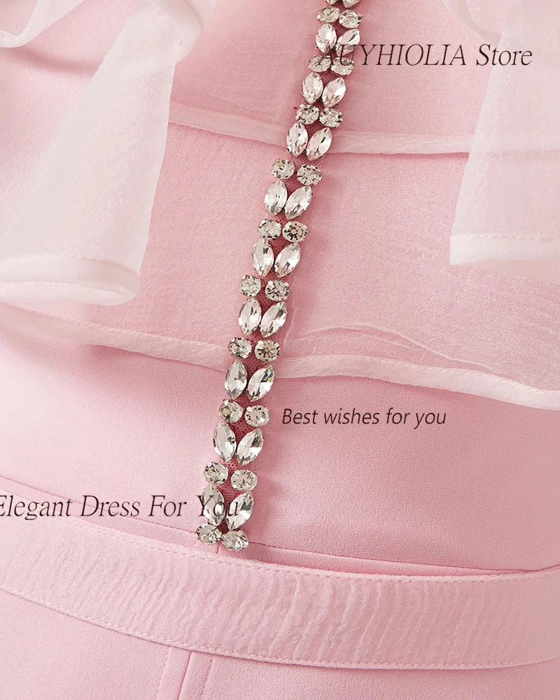 Crepe Formal Evening Dress For Sexy Women 정장원피스 Vestidos de festa Elegant High Neck Crystal Ruffles Cocktail Prom Gown 2024