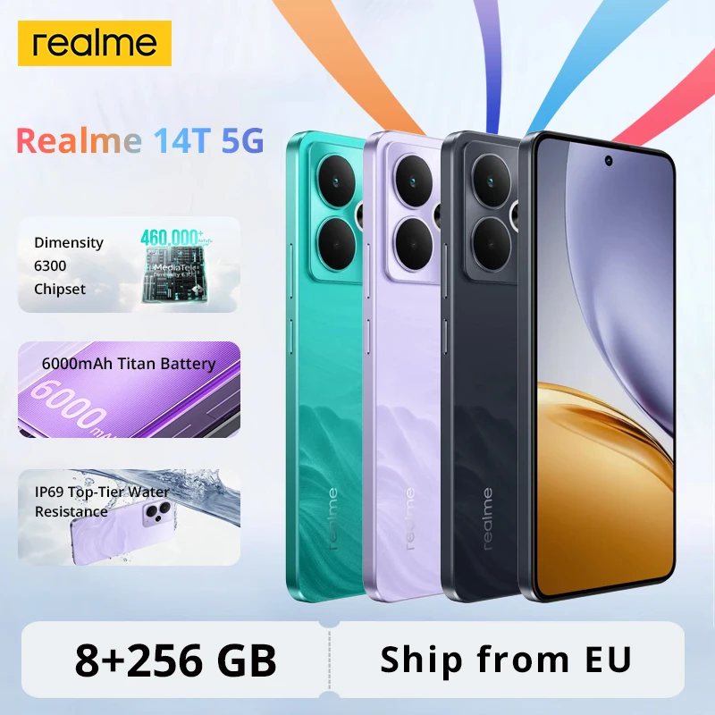 Version mondiale Realme 14T 5G Smartphone MTK Dimensity 6300 Ecran AOLED 6,67'' Batterie 6000mAh Next AI Résistance à l'eau IP69