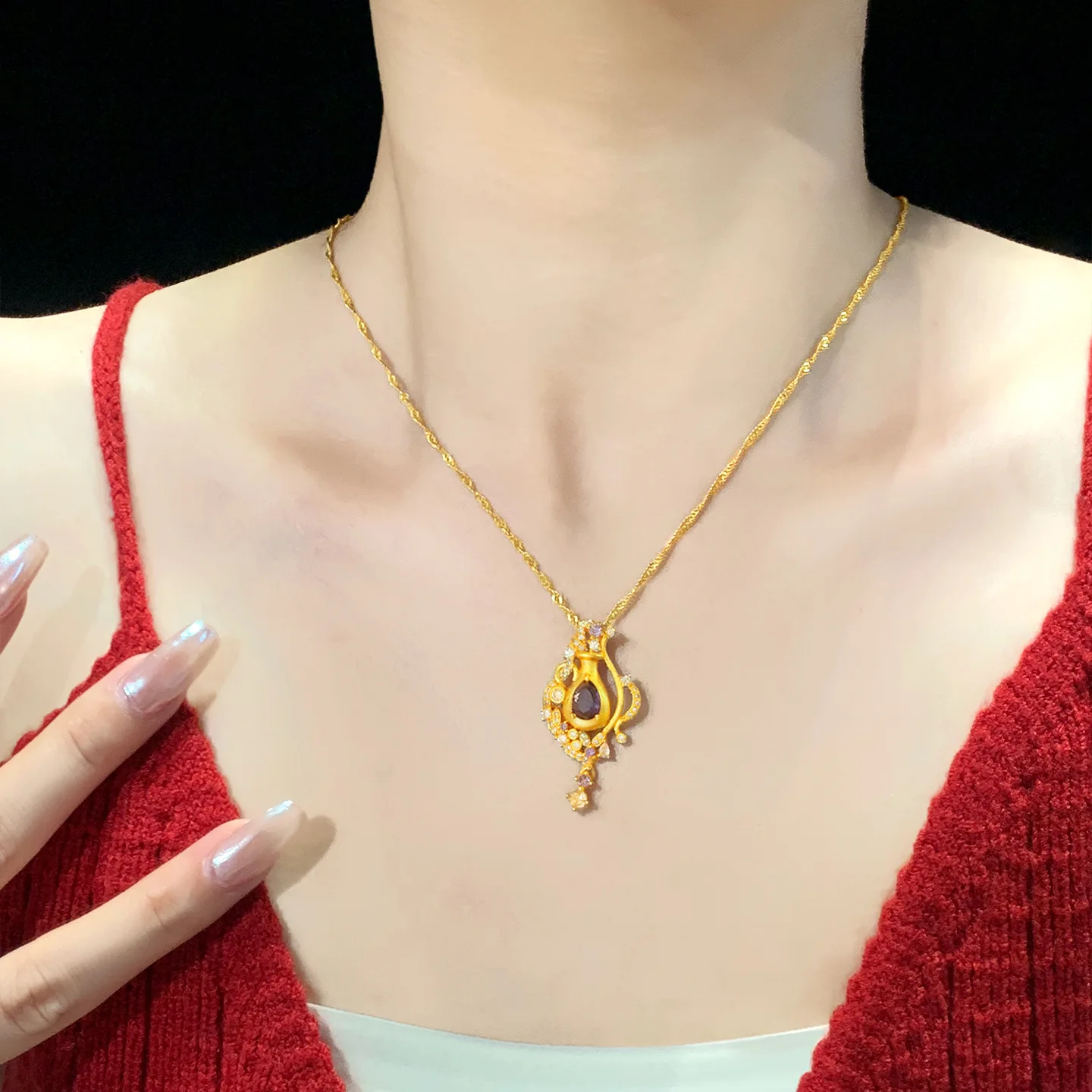 Same style 9999 24K real gold women's gold necklace with diamond inlaid hollow pendant, birthday gift, fashionable and beautiful