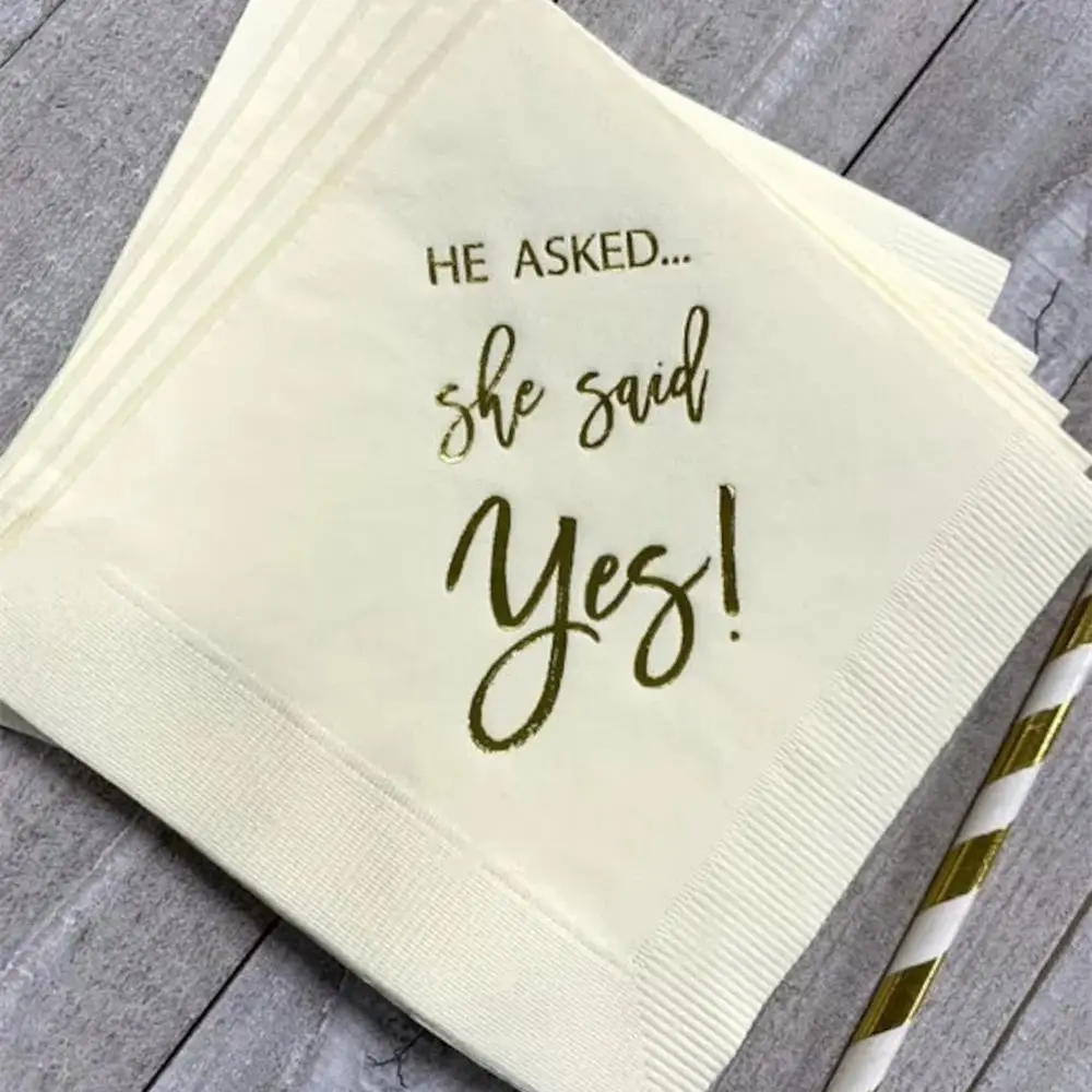 50PCS Ivory Ecru with Metallic Gold Foil Cocktail Beverage Napkins He Asked She said Yes Engagement Party