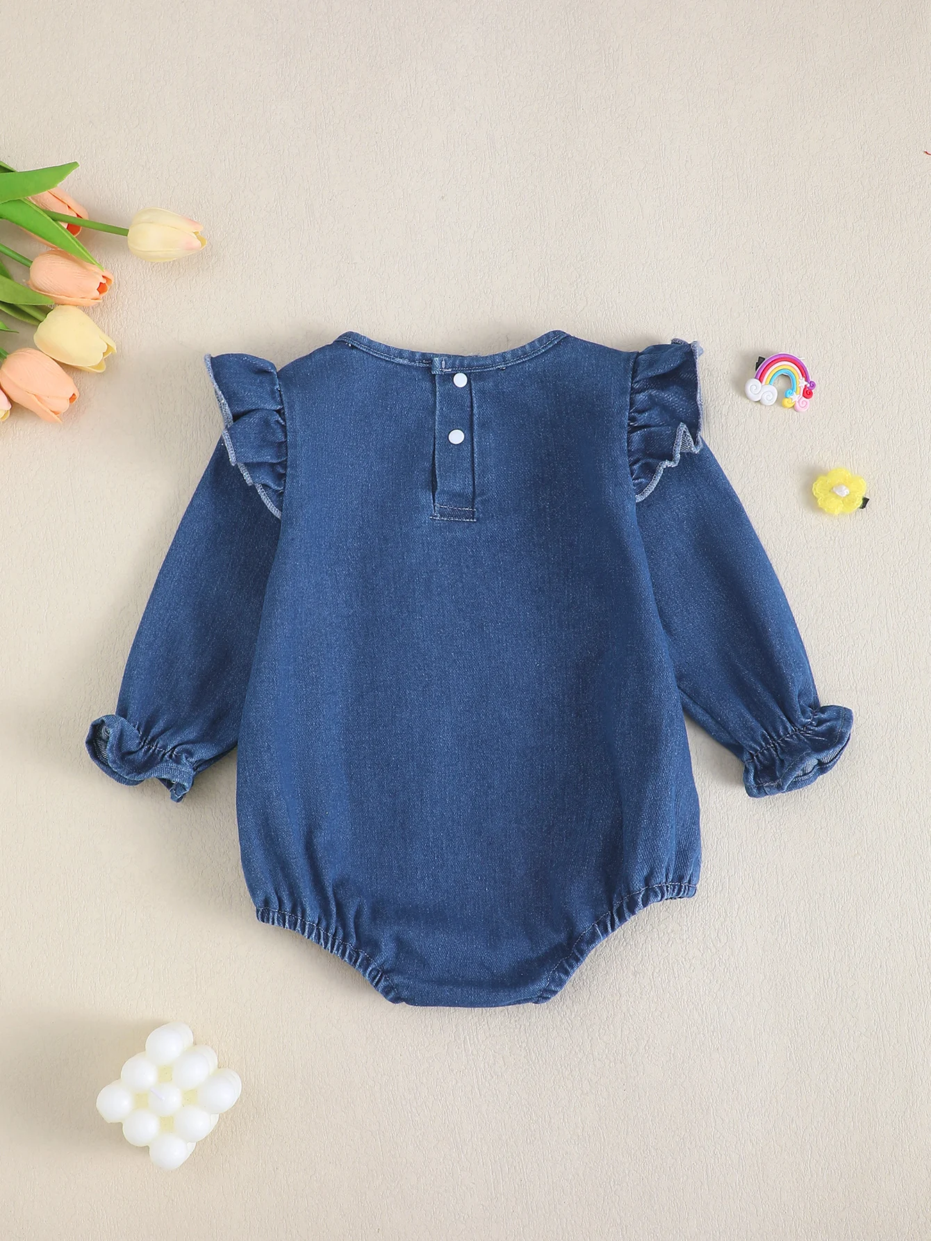 Baby Girl's Long Sleeve Denim Harlow Romper with Lace Trim Infant Clothing Toddler Outfit