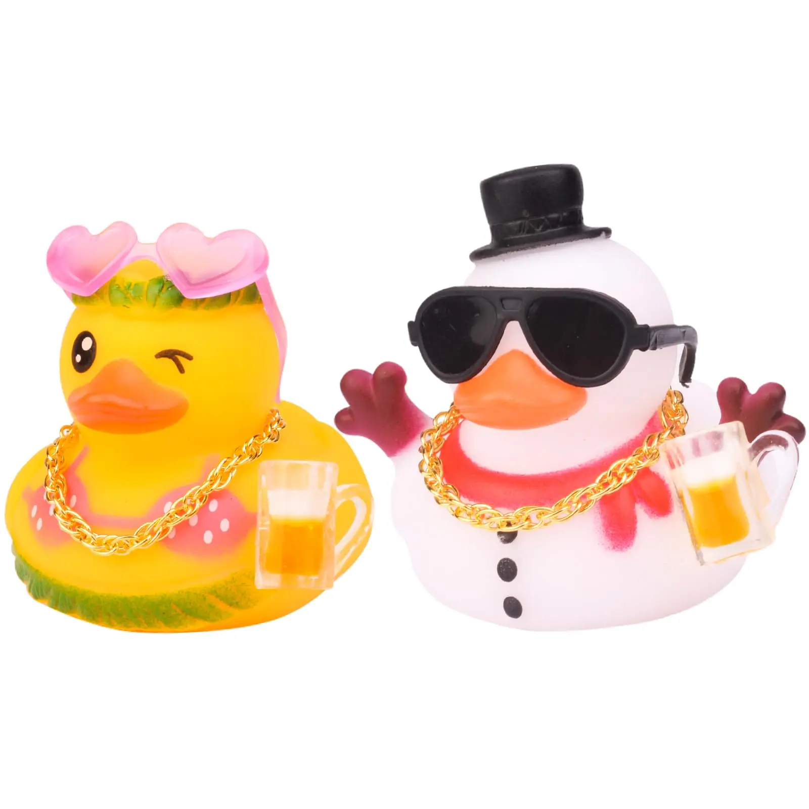 Christmas Rubber Ducks Car Ornaments, 2Pcs Holiday-Themed Duck Car Dashboard Decorations with Sunglasses Necklace for Christmas
