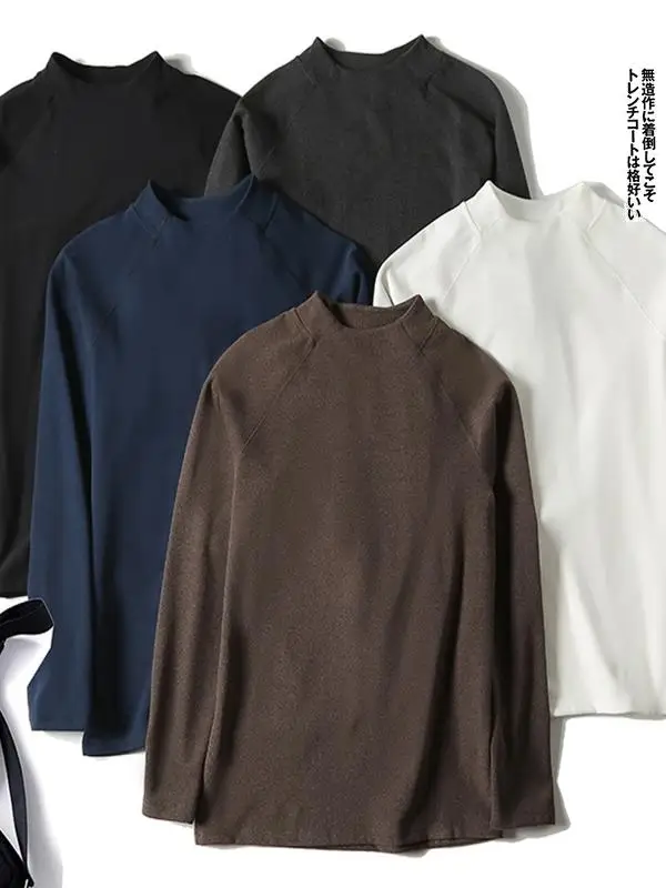 

High Elastici Warmth Loing Brued Inner Pure Color Men's T-irt Long Sve Trendy f High Collar Daily Youth Faion