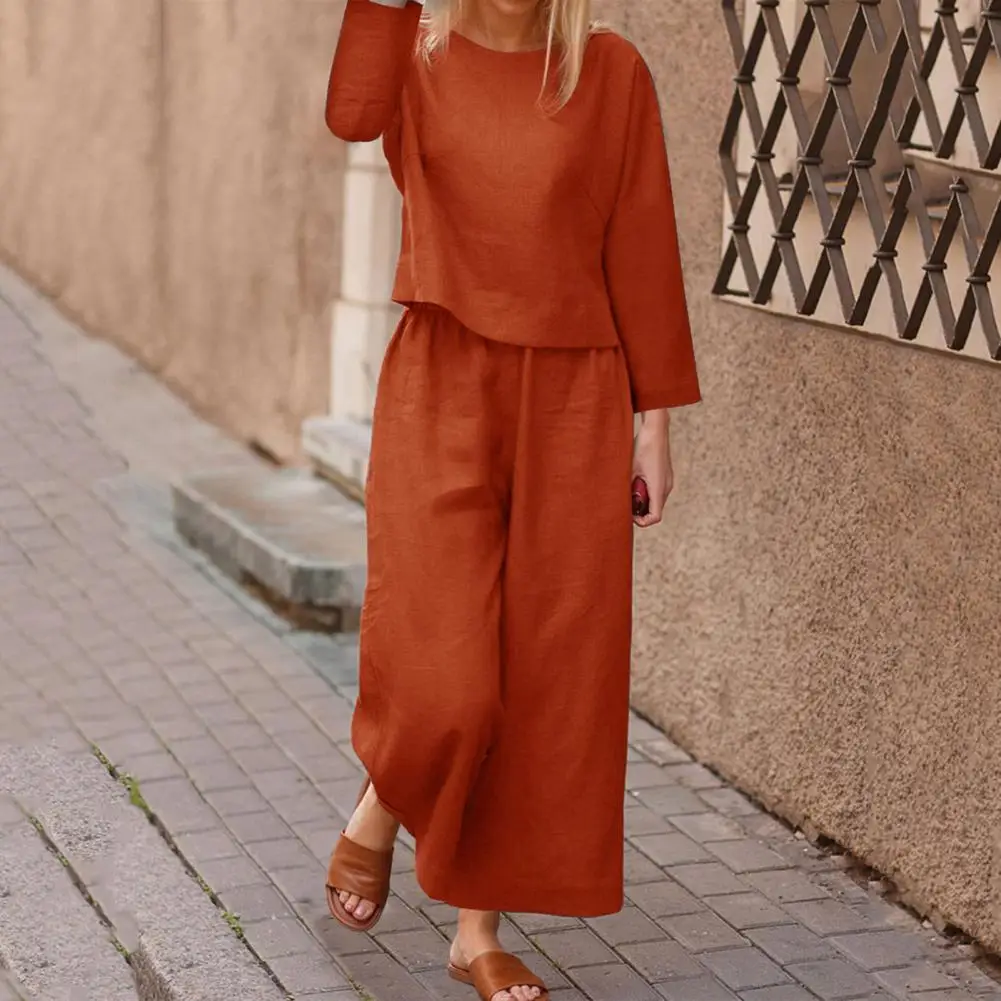 

Lightweight Casual Suit Stylish Women's Top Pants Set with Long Sleeves Round Neck T-shirt Elastic Waist for Fall for Office