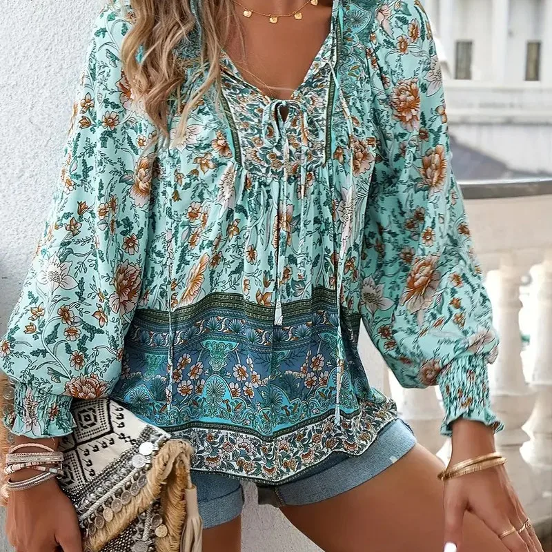 

Fitshinling Vintage Lantern Sleeve Top Female Clothing Bohemian Print Blouse Women Lace Up Spring Autumn Blusas Femme Shirts New