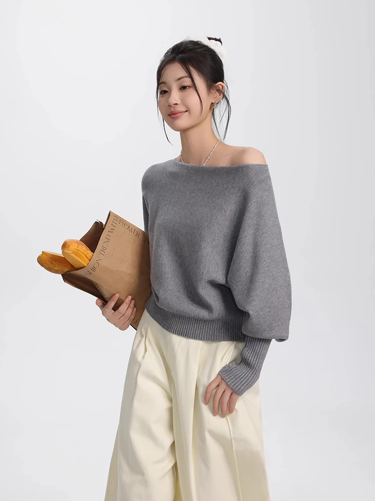 Off Shoulder Long Sleeve Sweater Autumn New Skew Collar Loose Pullover Knitted Tops Women Casual Solid Color Knitwears