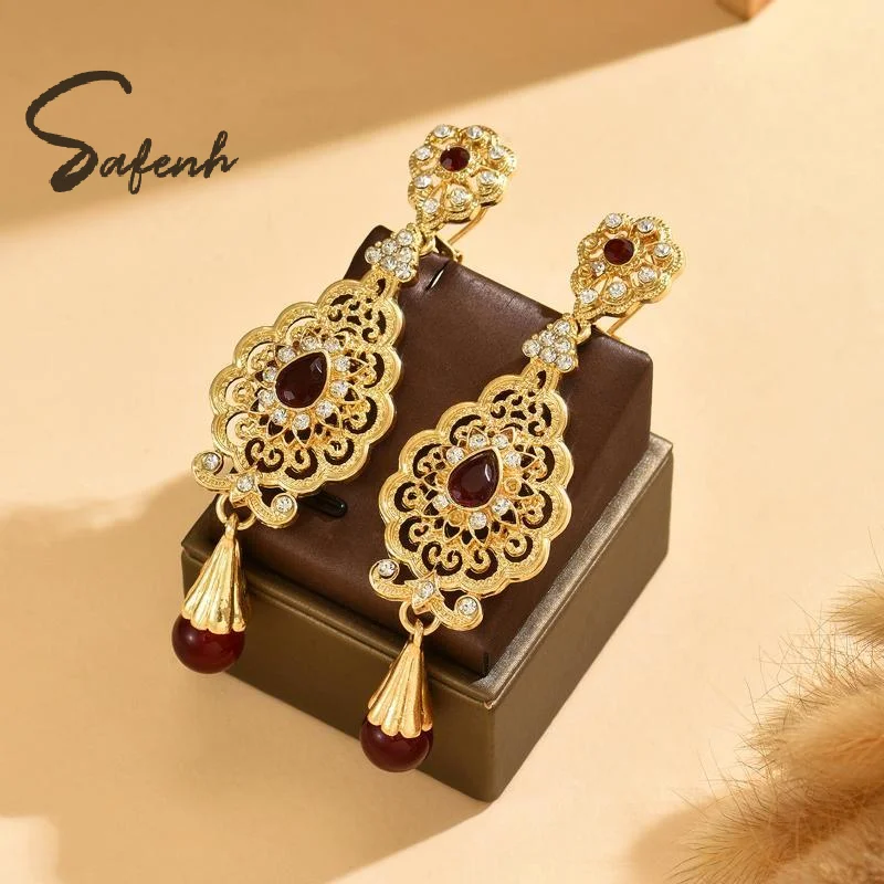 Arab‑Style Elegant Moroccan Drop Earrings For Women Gold‑Plated Multi‑Color Rhinestones Wedding Jewelry Valentine's Day Gift
