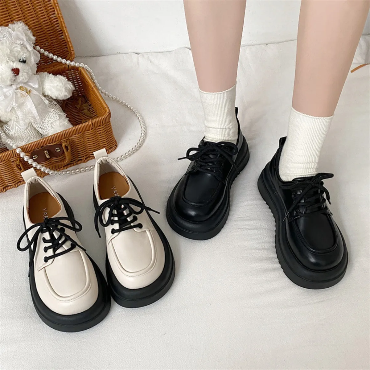 

Women's British-Japanese Style Oxfords Leather Lace-Up Loafers Fashion High Heel Pumps Comfortable Anti-Slip Casual Campus Shoes