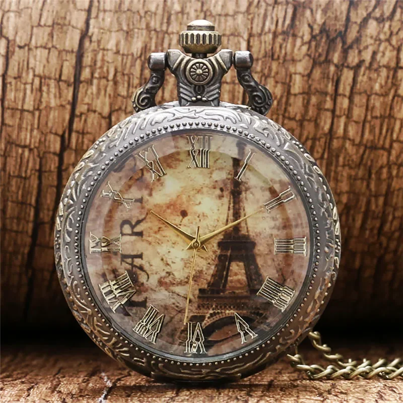 Old Fashion Eiffel Tower Dial Transaparent Cover Watch Necklace Chain Quartz Pocket Clock for Men Women Roman Number Display