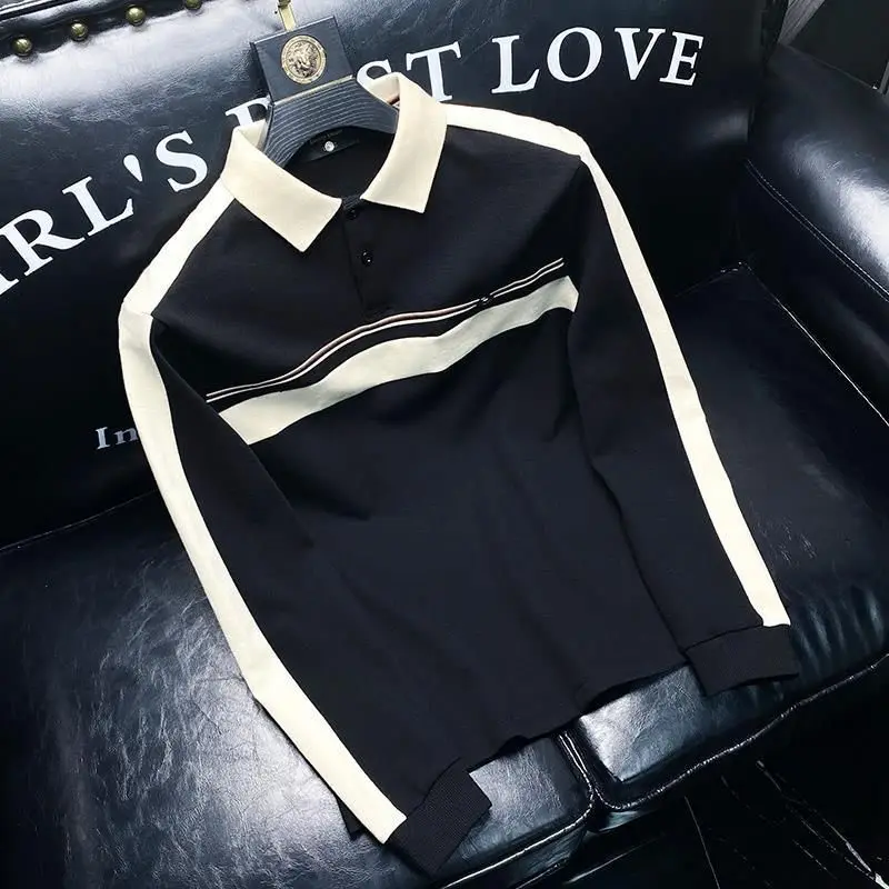 Kaus polo pria lengan panjang, kaus polo kontras serbaguna musim gugur dan musim dingin, kaus lengan panjang slim fit