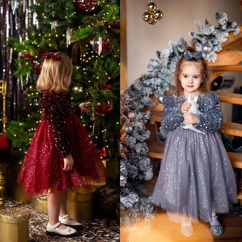 Red Sequins Christmas Dress for Girls Kids Winter 2024 New Long Sleeve Clothes Princess Children Birthday Party New Year Costume