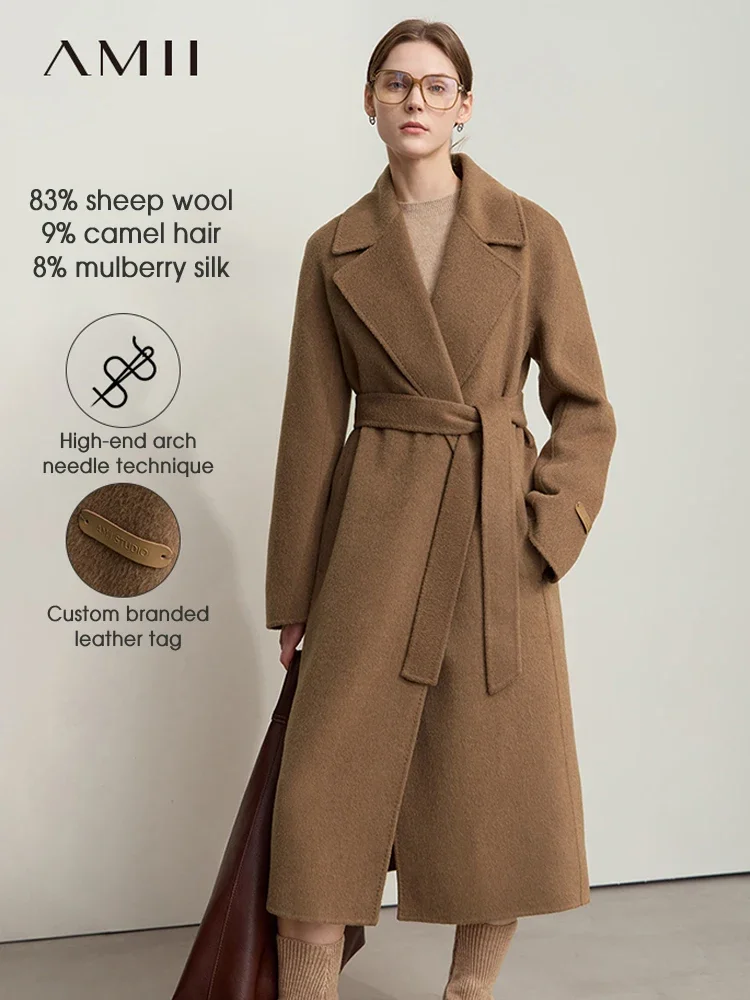 AMII Minimalism Lapel Collar Raglan Sleeve Woolen Coat for Women Wool Camel Cashmere Double-sided Outerwear 2024 Winter 12444219