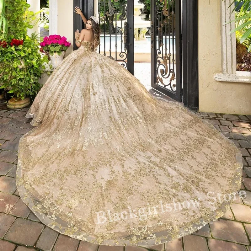 Champagne Chapel Train Princess Quinceanera Dresses Elegant  Applique Crystal Beaded Long Sweet 16 Dress Vestidos De Fiesta