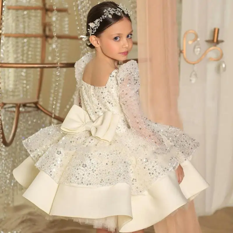 Girls First Communion Dress Children Pageant Ball Gown Girl Flower Wedding Sequins Dresses for Kids Piano Performance Vestidos