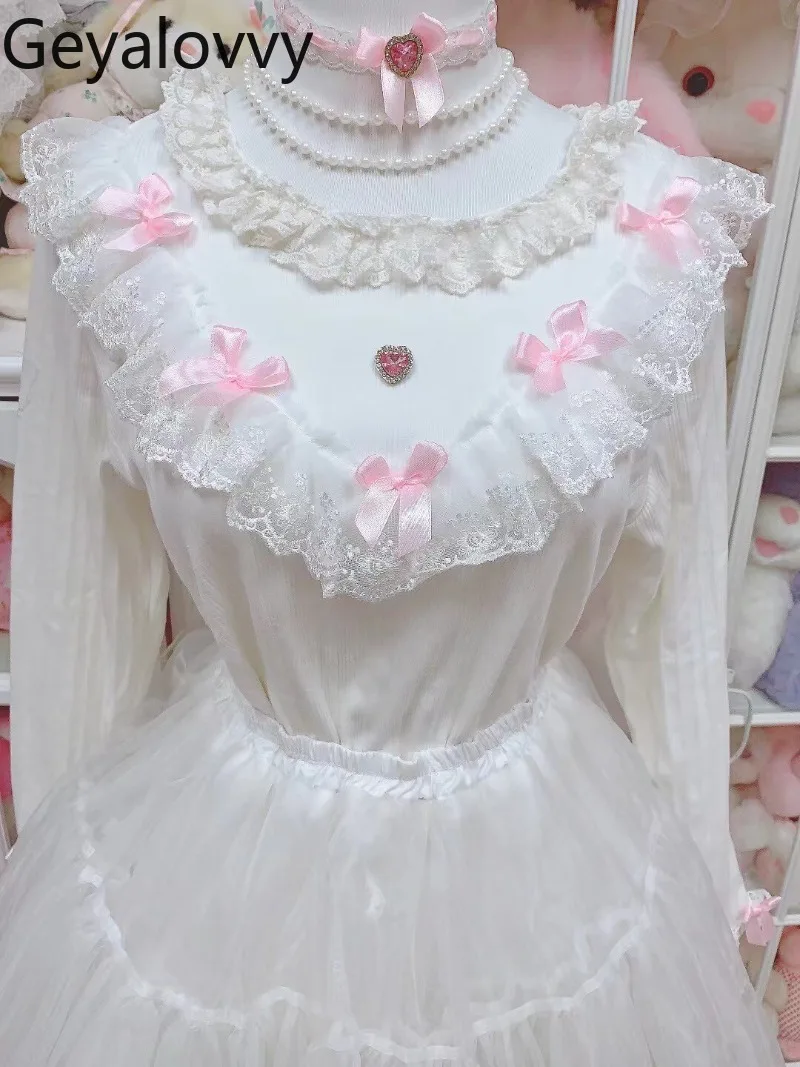 

Sweet Girls Youthful White Stand-up Collar Pullover Spring New Versatile Fashion Lace Bow Long-sleeved Knitted Base Shirt