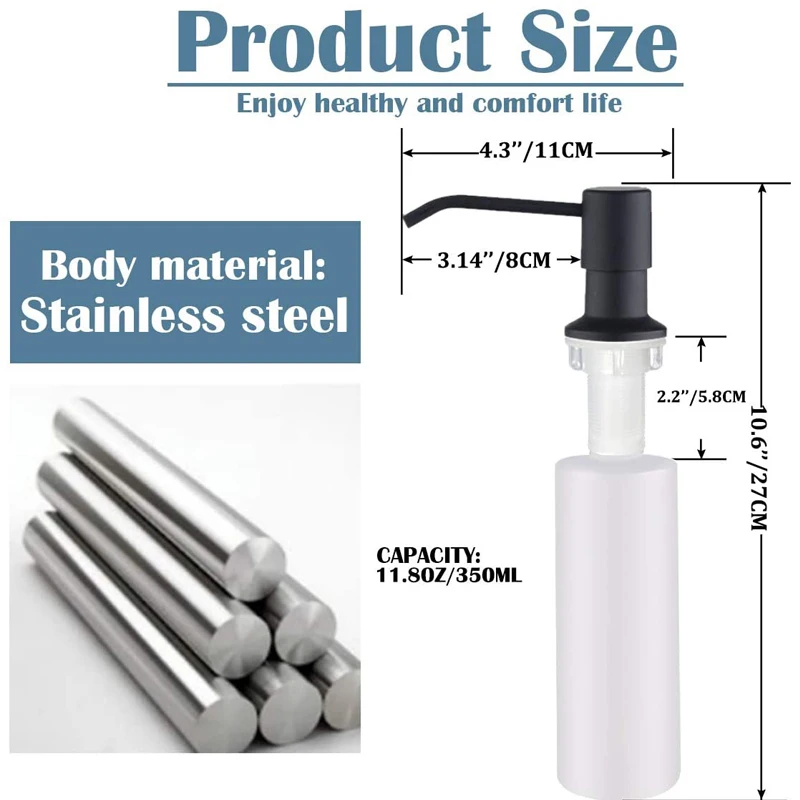 Stainless Steel Kitchen Sink Soap Dispenser with Bottle Bathroom Soap Lotion Detergent Liquid Hand Press Pumps Dispensers 350ml