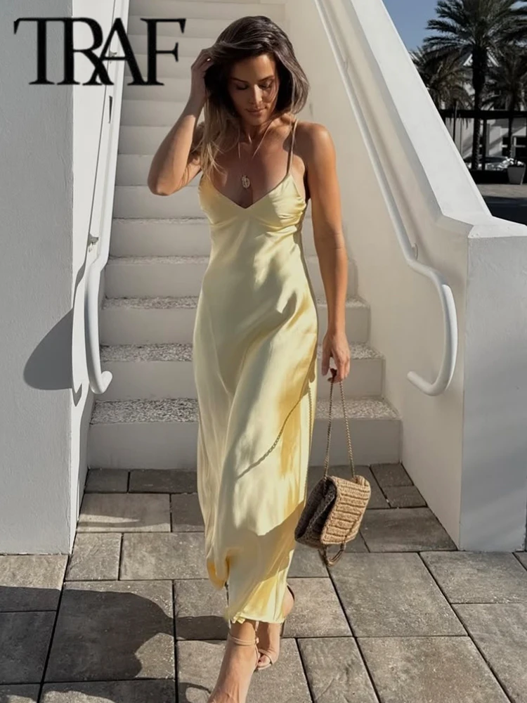 TRAF エレガントなサテンイエローの女性のロングドレスファッションノースリーブ背中の開いたセクシーなスリムミディドレス夏の女性のホリデードレス 2025