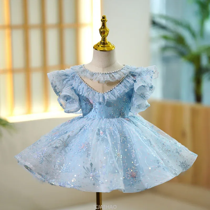 

2025 Girls Birthday Dress Princess Party Gown Children Stage Performance Formal Blue Clothing Outfits Hostess Pageant Show
