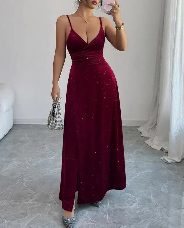 

Womens Dresses 2026 Spring Autumn New Solid Color Elegant Backless V-Neck Sleeveless High Waist Temperament Long Dress