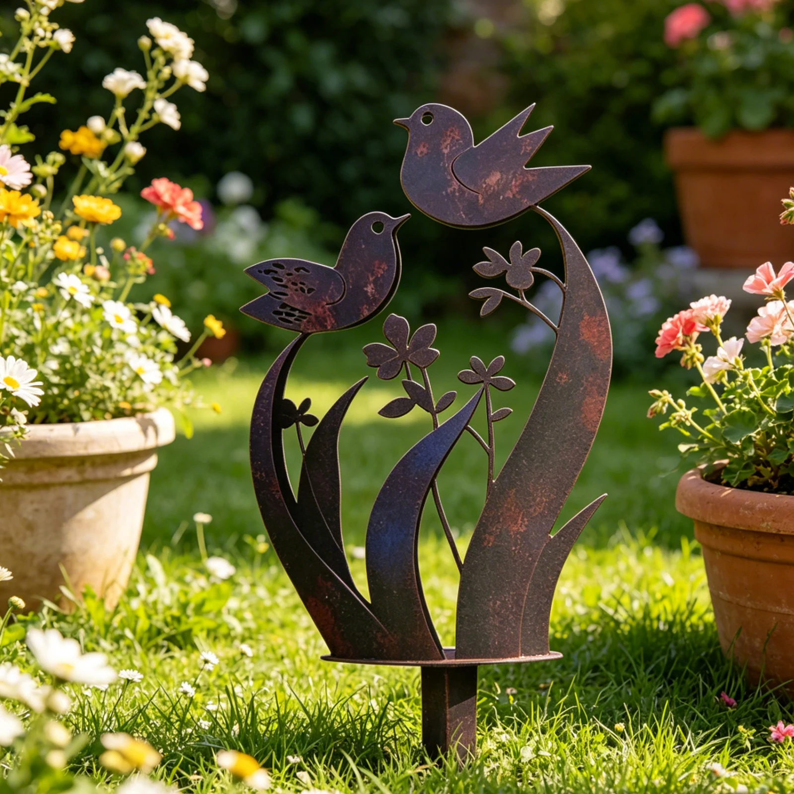 Wrought Iron Yard Sign Stake with Real Rust Finish Garden Branch Bird Ground Stakes Country Style for Front Backyard Lawn Fences