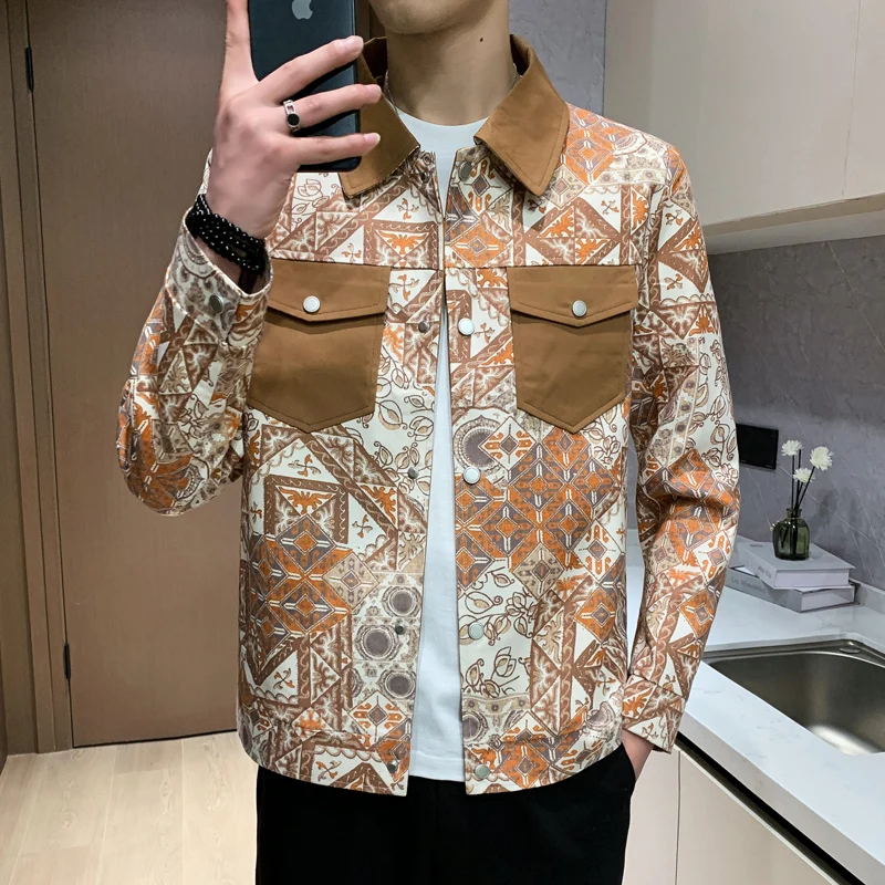 Sping Autumn Men\'s Fashion trend Print Jacket Lapel Collar Long Sleeve Formal Jacket Outerwear Coats man Casual Coat