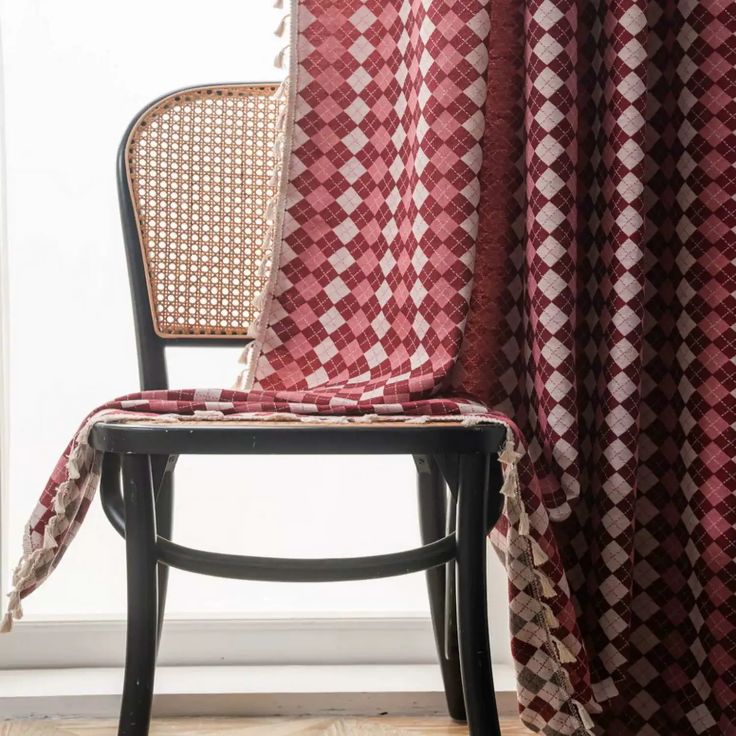 1Pc,Boho Red and White Plaid Bedroom Curtain,Chic Textured Embroidery Plaids, Vintage Handmade Tassels Christmas Decor Drapery