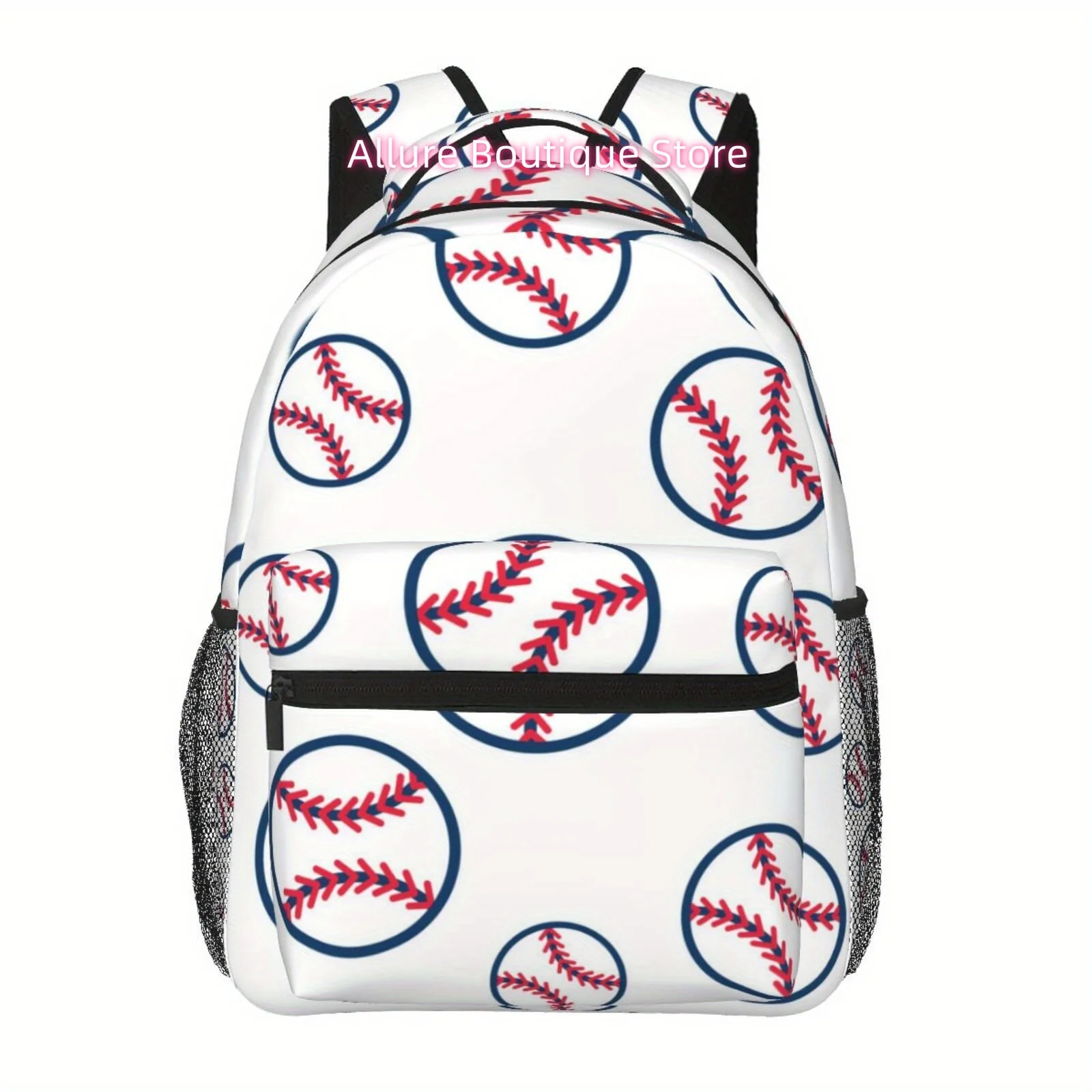 

Baseball-Themed Large Capacity Backpack - Lightweight, Durable Laptop Bag with Double Mesh Pockets, Zipper Closure, Machin