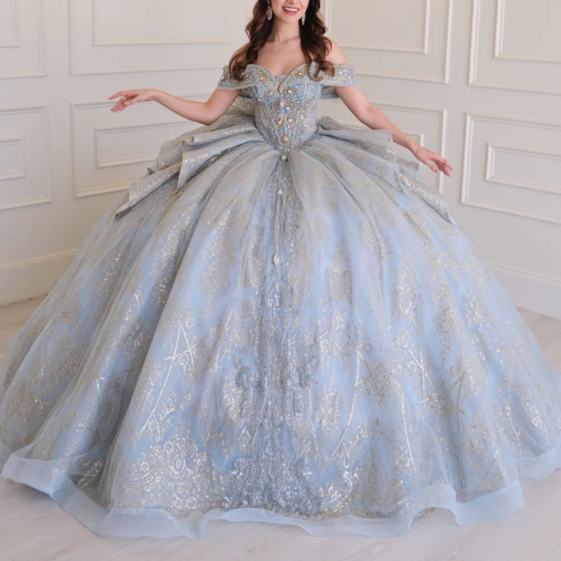 Sky Blue Glitter Quinceanera Dresses Off Shoulder Ball Gown Sweet 16 Dress Sequin Applique Beads Bow Tull Party Birthday Vestido